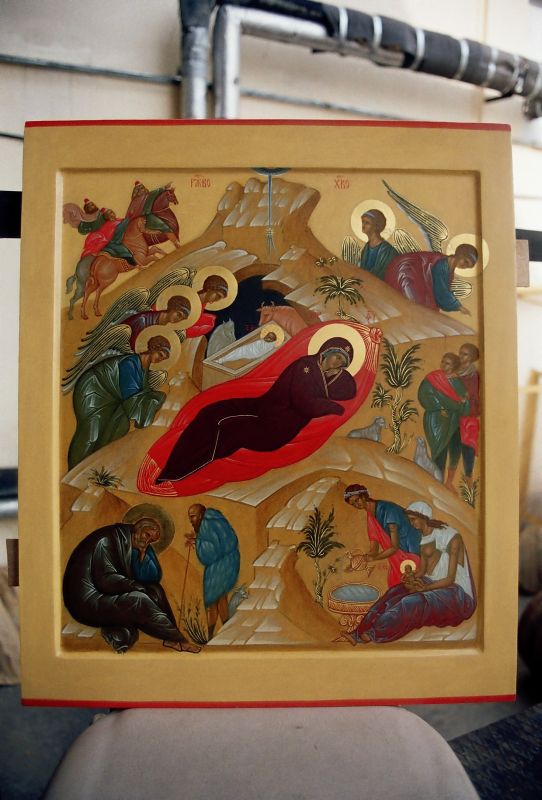 Писаная икона Рождества Христова на доске